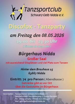 die Discofox-Party des TSC-Nidda in der Stadthalle Nidda am 08.05.2026