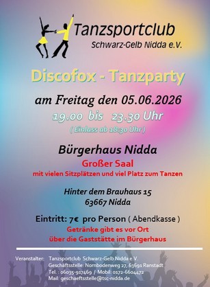 die Discofox-Party des TSC-Nidda in der Stadthalle Nidda am 05.06.2026